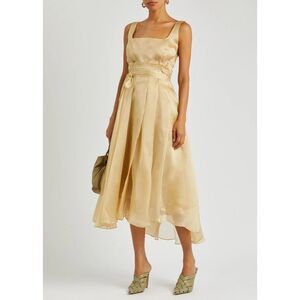 NWT AWAKE Mode Sleeveless Asymmetric Hem Silky Organza Midi Dress Beige Size FR3